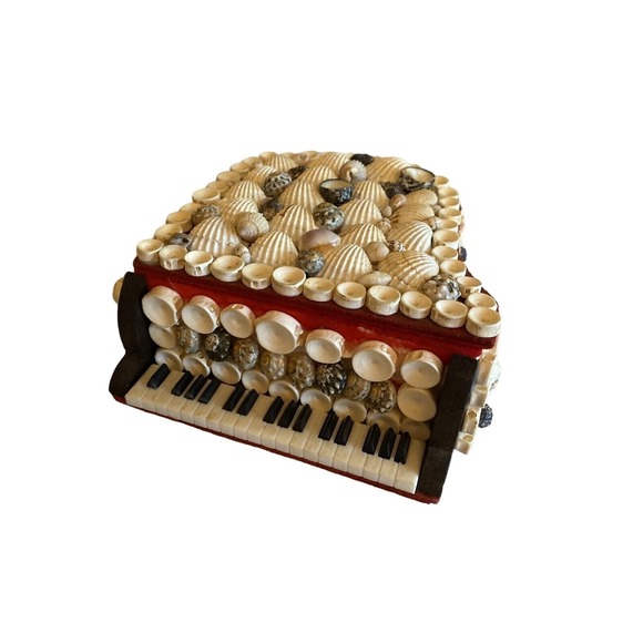 The Unbranded Brand Other - Handmade Seashell Grand Piano Jewelry Box Red Velvet Lining Vintage Coastal Art
